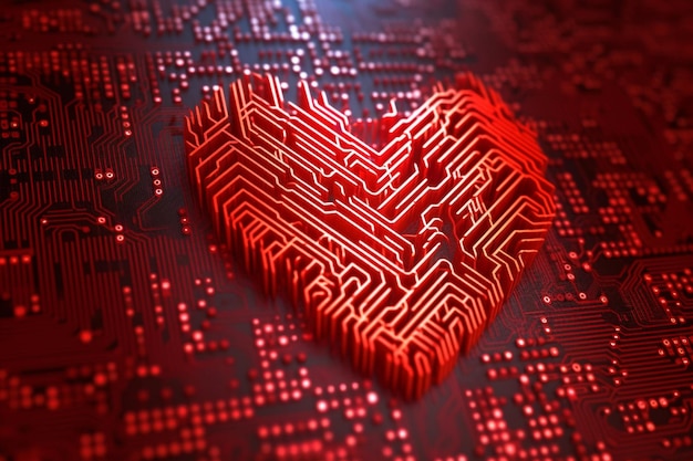 A red heart is on a circuit board with a red background.