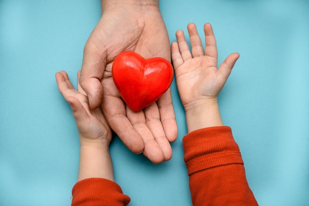 A red heart is given by an adult hand into children's hands the concept of giving love and care