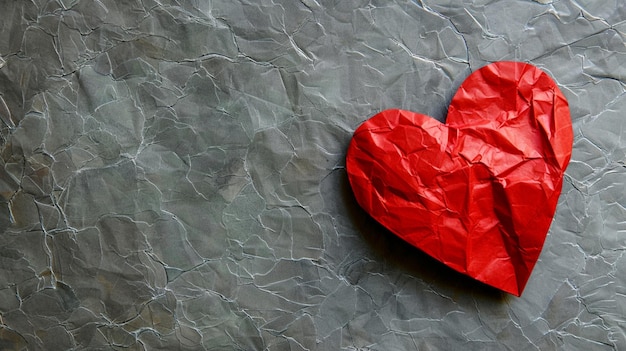 a red heart is on a gray surface with a red cloth