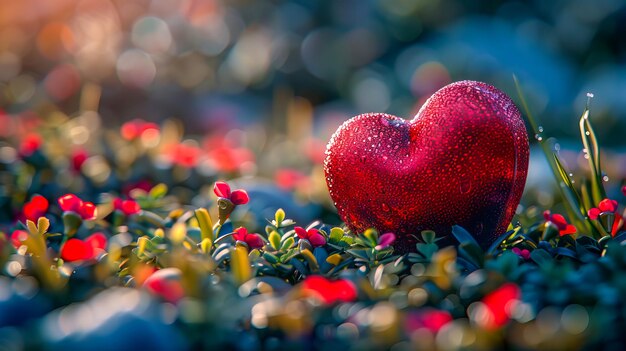 A red heart is sitting in the grass with red flowers