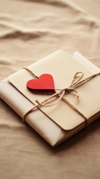 A red heart is wrapped around a brown envelope ai