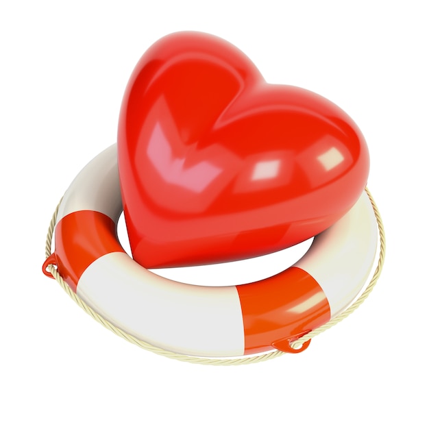 Red heart and a life buoy, isolated on white background. 