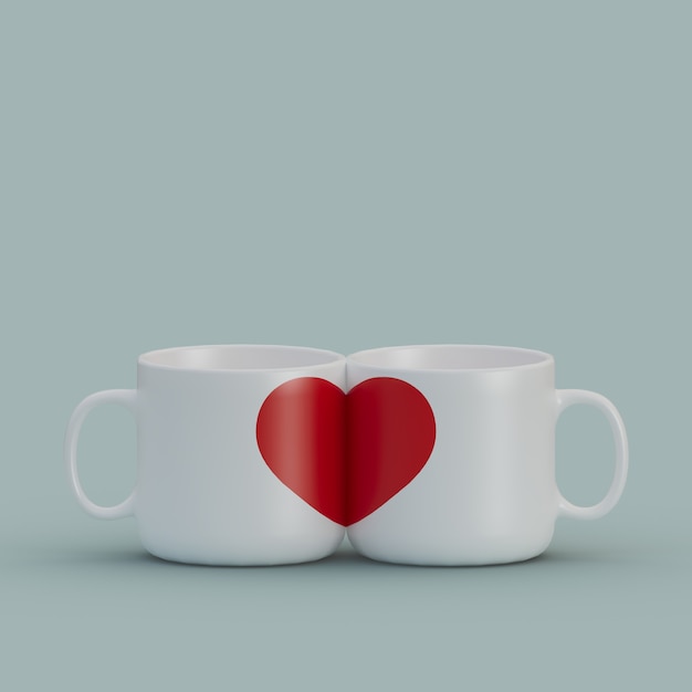 Red Heart Love Match Mugs Close Together 3D Illustration Concept Render