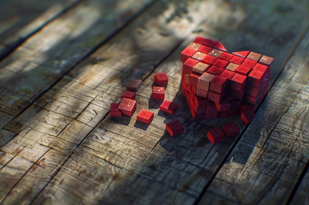 Red heart made of cubes with dramatic shadow on wood background