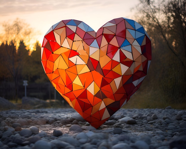 Red heart made of glass on the background of a lake at sunset