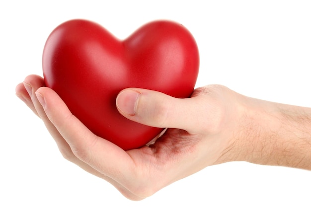 Red heart in man hand, isolated on white