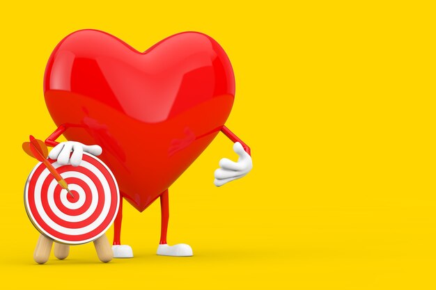 Red Heart Mascot Character with Archery Target and Dart in Center on a yellow background. 3d Rendering