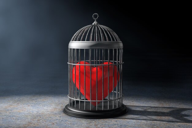 Red Heart in Metal Cage on a dark background. 3d Rendering