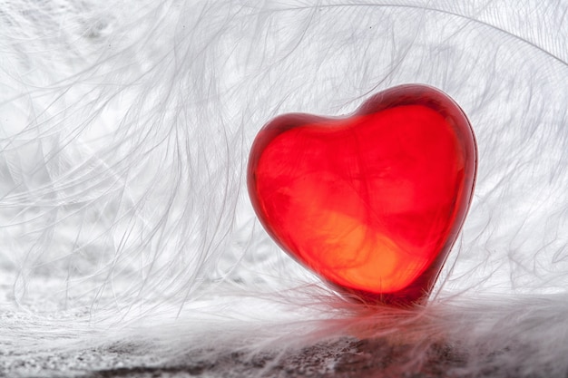 Фото Красное сердце на фоне белых перьев