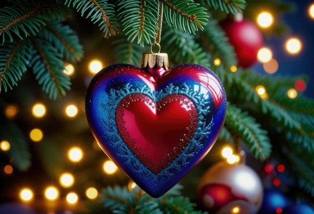 A red heart ornament adorning the branches of a Christmas tree symbolizing love and warmth