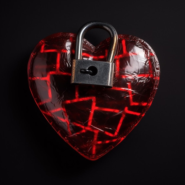 Red heart and padlock on black background heart is locked pick up key to heart