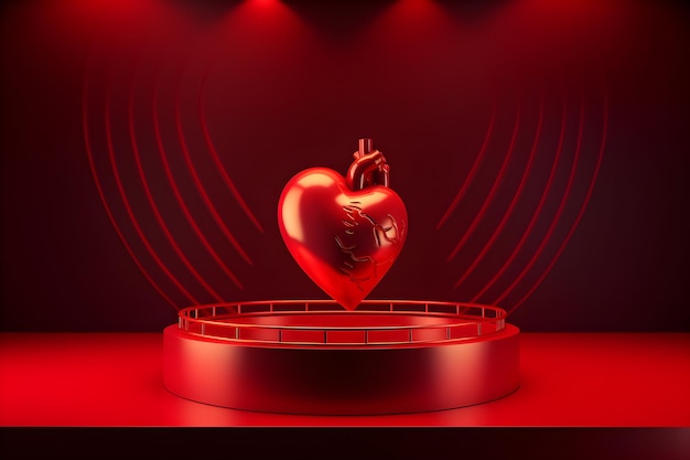 A red heart on pedestal with a red background