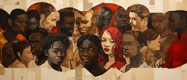 the red heart among people in the style of earthy color palette