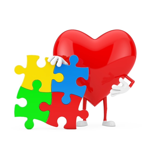 Photo red heart person character mascot with four pieces of colorful jigsaw puzzle on a white background. 3d rendering