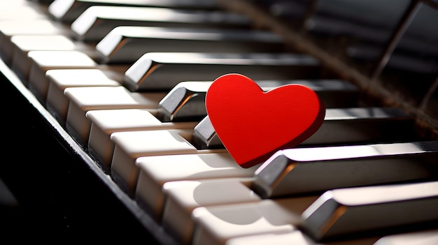 Foto un cuore rosso sui tasti di un pianoforte