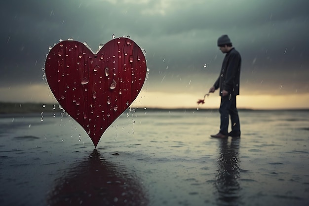 Foto cuore rosso sotto la pioggia sulla strada cuore rotto concetto