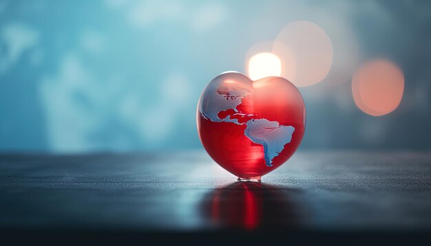 Red heart resting on the ground on a blue background Bokeh background