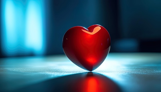 Red heart resting on the ground on a blue blurred background