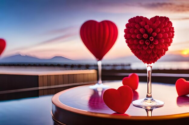 Red heart on a round table with a couple in the background