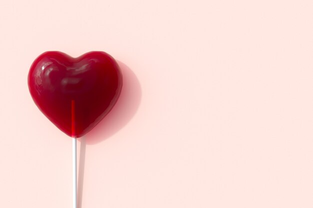 Red Heart Shape of lollipop Candy on Pink background for copy space. 3D Render. Minimal Valentine Concept Idea.