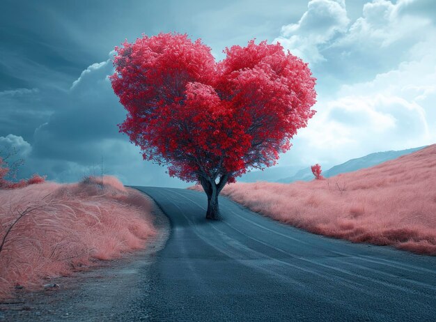 Red heart shape of tree on an empty road