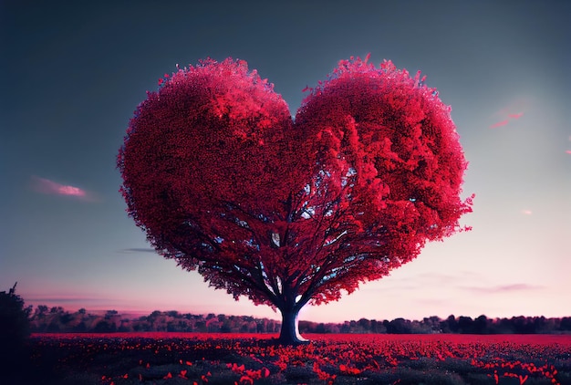 사진 하늘 배경으로 붉은 심장 모양 나무 풍경 발렌타인 데이와 로맨스 개념 디지털 아트 일러스트레이션 생성 ai