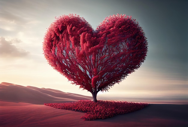 하늘 배경으로 붉은 심장 모양 나무 풍경 발렌타인 데이와 로맨스 개념 디지털 아트 일러스트레이션 생성 AI