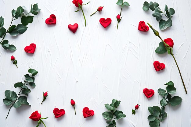 赤いハートの形とバラの花のロマンチックな背景