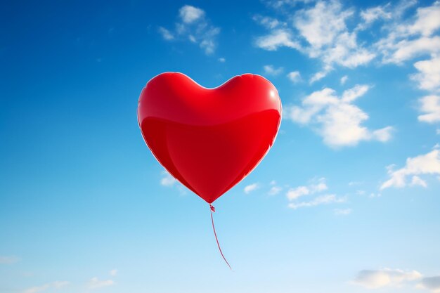 Red heart shaped balloon flies into the blue sky with clouds love concept copy space