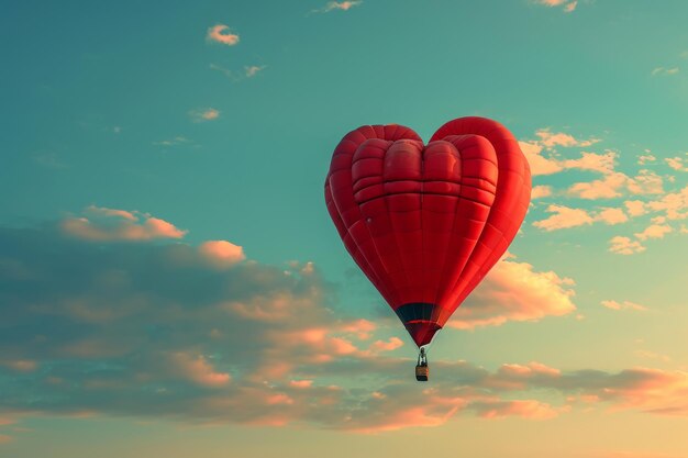 Photo a red heart shaped balloon floats gracefully in the sky against a backdrop of fluffy clouds a heartshaped hot air balloon soaring in the sky ai generated