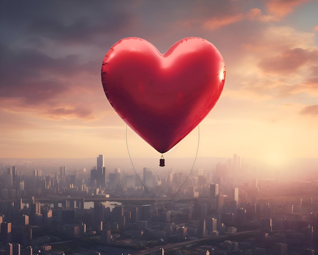Красный воздушный шар в форме сердца, летящий над городом 3D-рендеринг