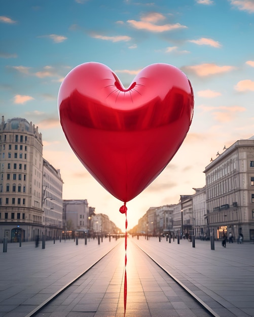 Красный воздушный шар в форме сердца на дороге с городским пейзажем на заднем плане