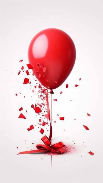 A red heart shaped balloon with confetti in the air