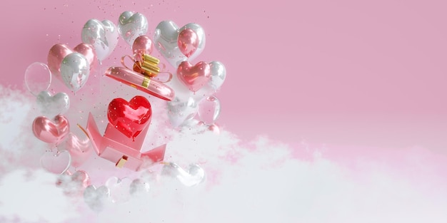 Red heart shaped balloons with gift box Valentines 3d illustration