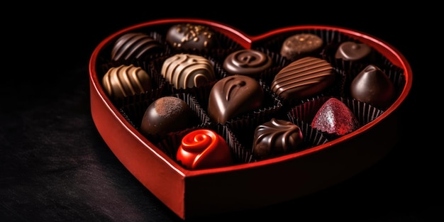 Red Heart shaped box of chocolates on a black background Valentines day concept Chocolate box