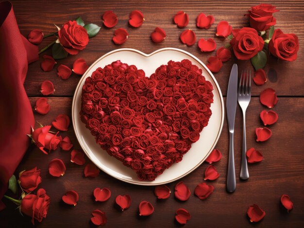 Red heart shaped cake decorated with roses on a plate on a dark wooden backgroundValentines day