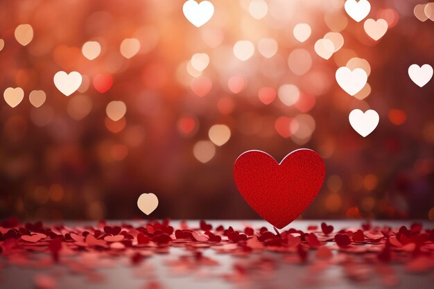 a red heart shaped card on a table with a blurred background