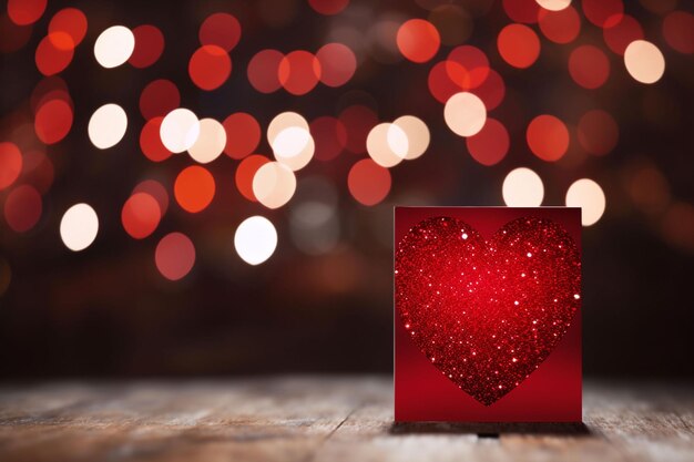 a red heart shaped card on a table with a blurred background