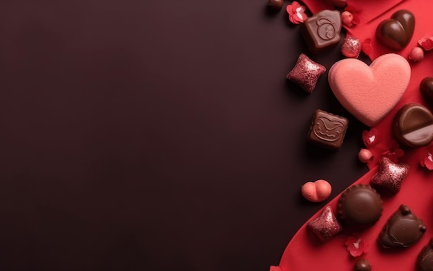 A red heart shaped chocolates and chocolates are on a dark background.