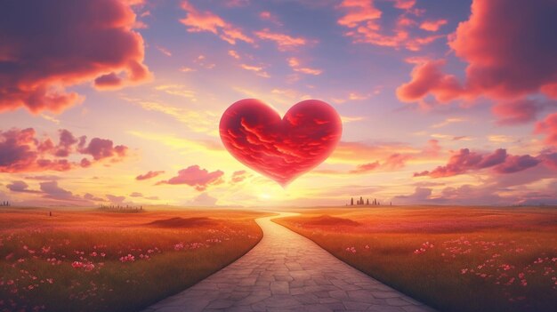 red heart shaped clouds at sunsets beautiful landscape with road love background with copy space