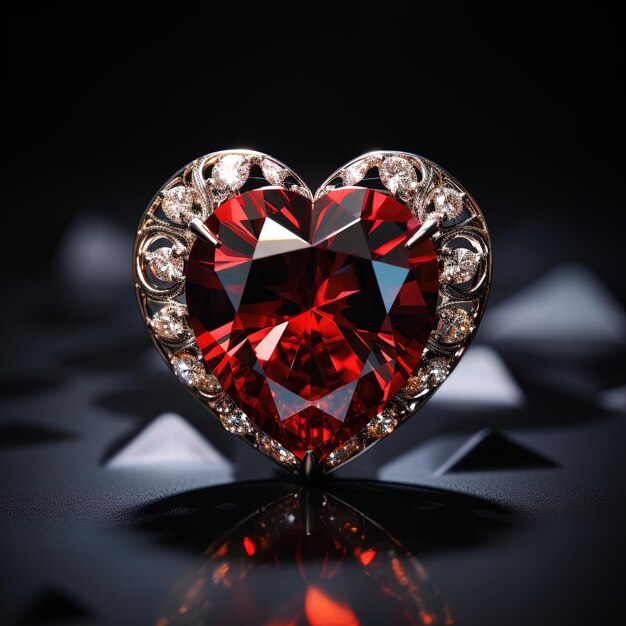 Photo red heart shaped diamond on black dark background and copy space on a side