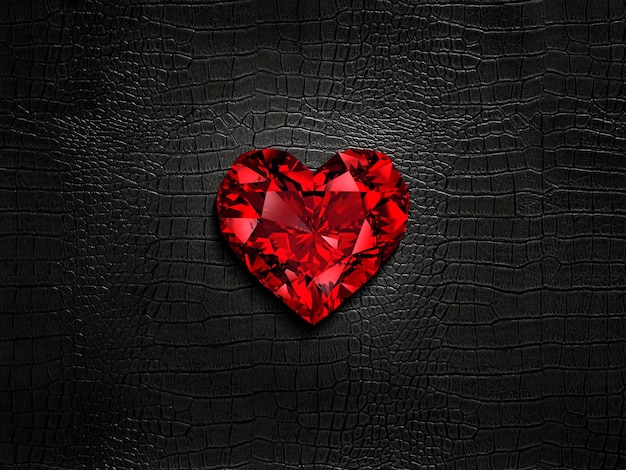 Red heart shaped diamond on a black leather background