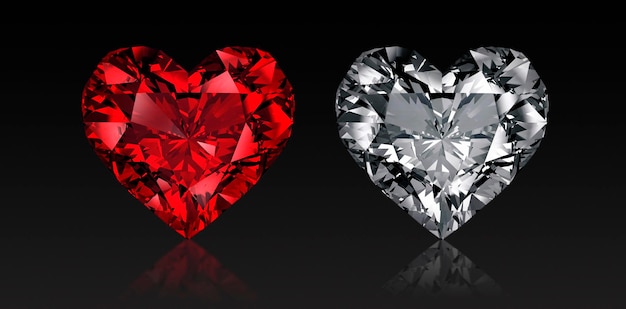 검은 배경에 고립 된 붉은 심장 모양의 다이아몬드