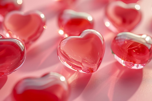 red heart shaped glass balls on pink background for valentines day decor and love themes 3d illustration