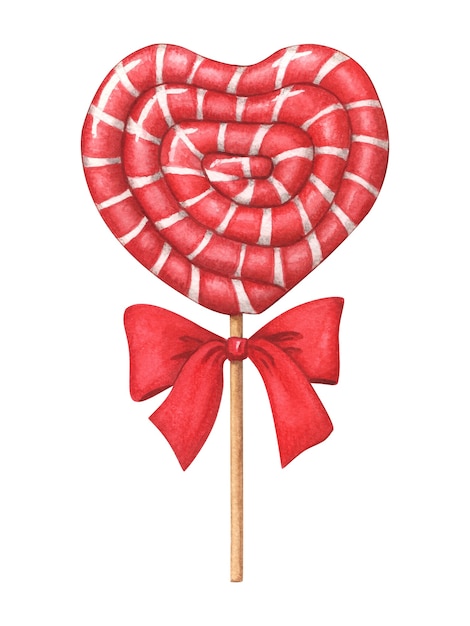 Red heart-shaped lollipop with bow. Hand-drawn watercolor illustration