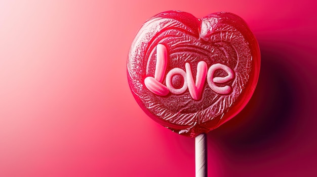 Red heart shaped lollipop with the word love on a pink background ai generative