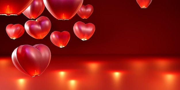 Lanterna del cielo di carta a forma di cuore rosso su fondo rosso isolato.