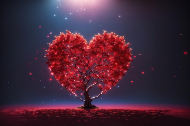 Красное дерево в форме сердца, красочный, острый, яркий свет, генеративный искусственный интеллект