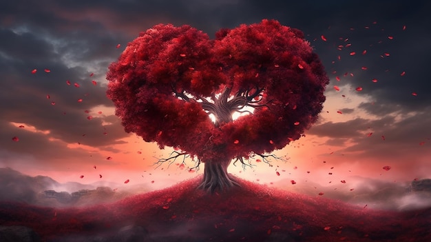 Red heart shaped tree Generative AI