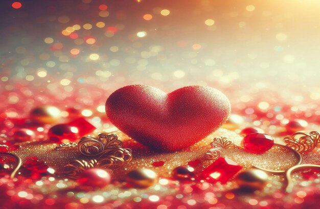 The red Heart shapes on abstract light glitter background